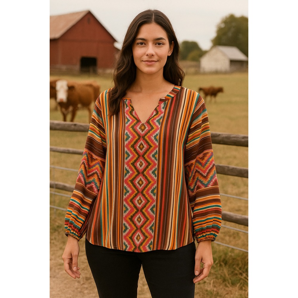 Stetson Top Womens Medium Bold Geometric Cowgirl Rodeo Western Sheer Shirt